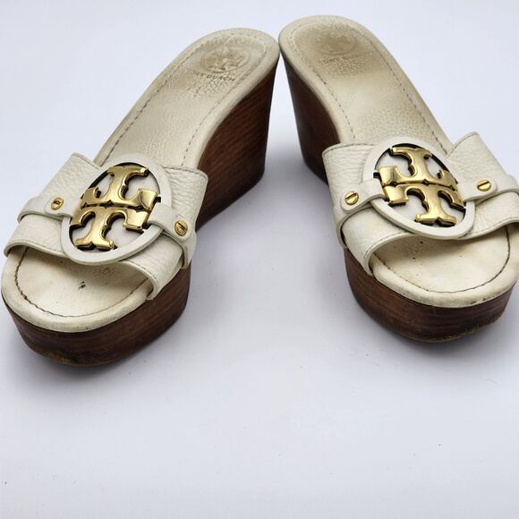 Tory Burch Selma White Leather Wedge Slides Sandals Size 10 - Picture 8 of 12